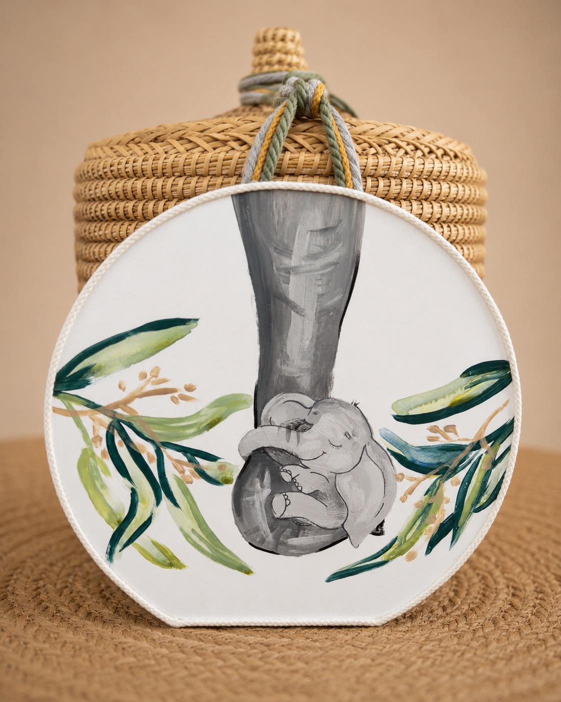 basketelephantbohojunglegreengreywhiteflowersplantssetbaptismchristening