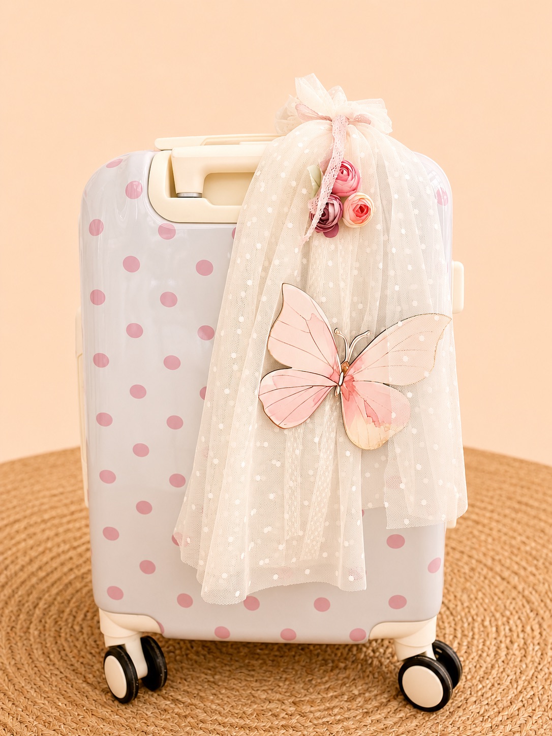 pinkbutterflydotspinkflowersgirlschildchildrenkidssuitcasewhitenameplexiglasslightlightingsetbaptismchristening