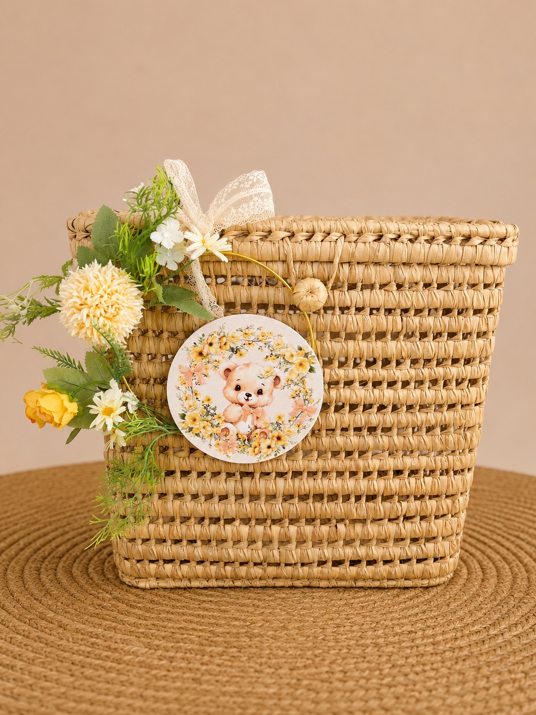 bearflowersbohobasketgreenyellowbaptismchristeningboygirl