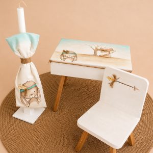 deskchairkidschildchildrenanimalsfoxsetgirlsboysbaptismchristeningwhitebluebeigehandpainted