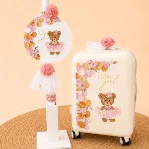 teddybearfloralflowersgirlpinkwhitechildchildrenkidssuitcasesetbaptismchristeningballerinahandpainted